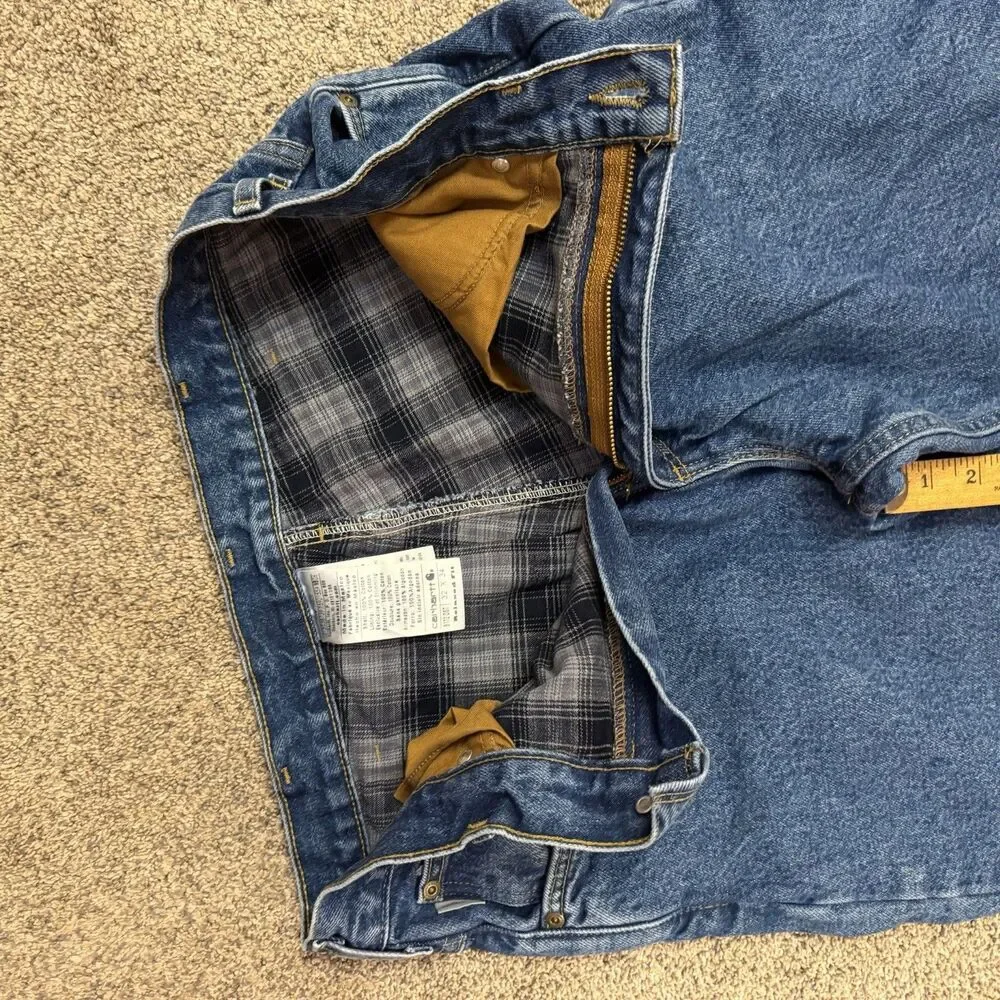 Carhartt Flannel Lined Jeans Mens 34x32 Blue Relaxed Fit Work Denim B172 DST EUC